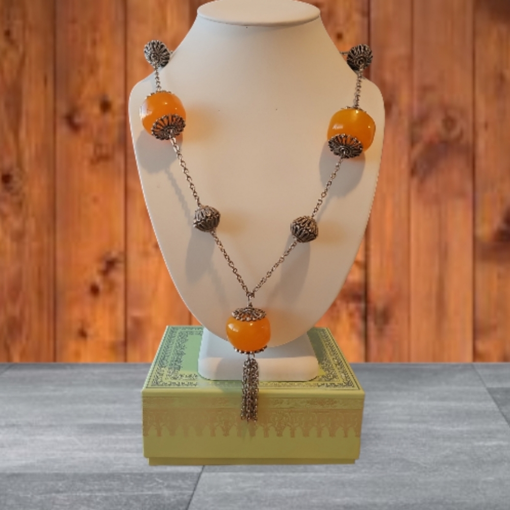 VINTAGE NATURAL BUTTERSCOTCH & EGG YOLK AMBER FILIGREE NECKLACE. - Picture 5 of 10